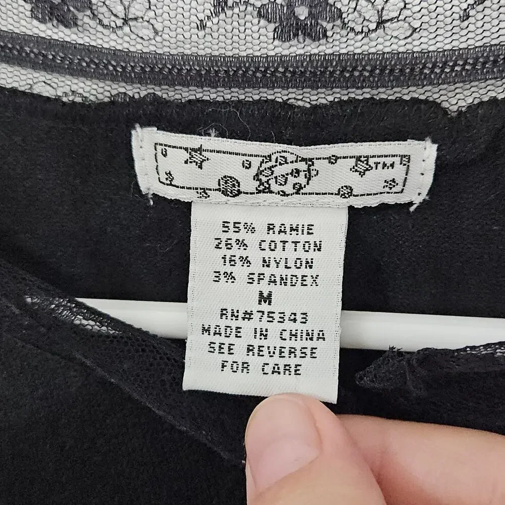 Black Floral Cardigan Sweater Lace Trim Beaded Diamond Buttons 3/4 Sleeves Sz M - Picture 6 of 6